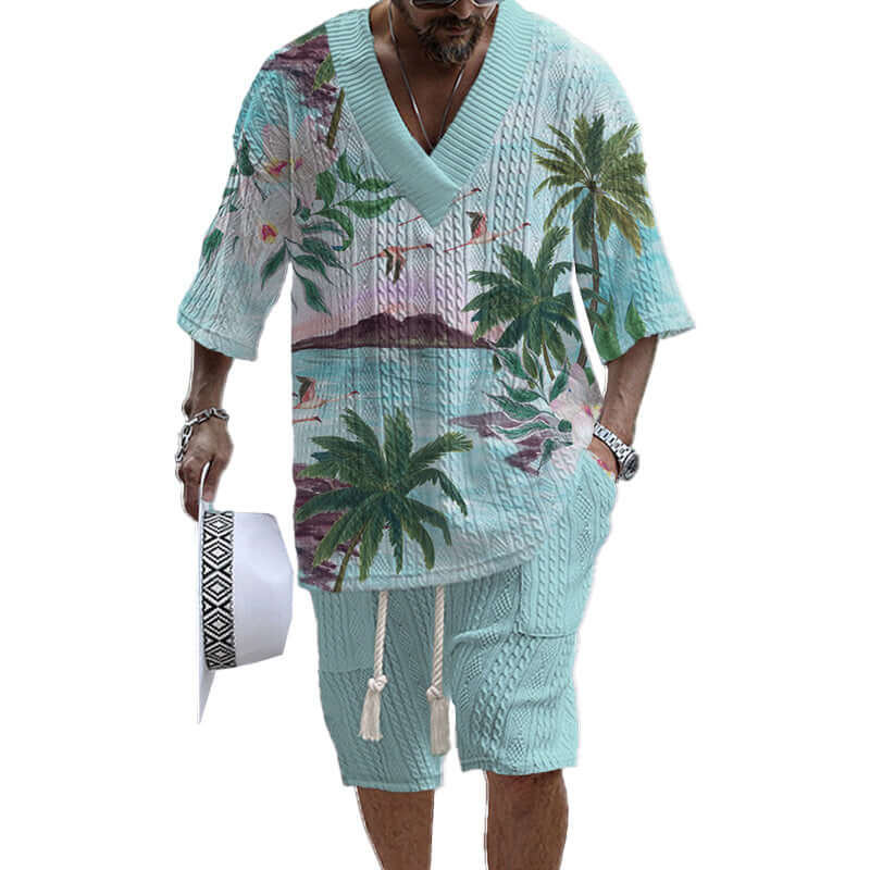 Men's Printed Short Sleeve Shorts Textured Set 41116575YY-DESTINY