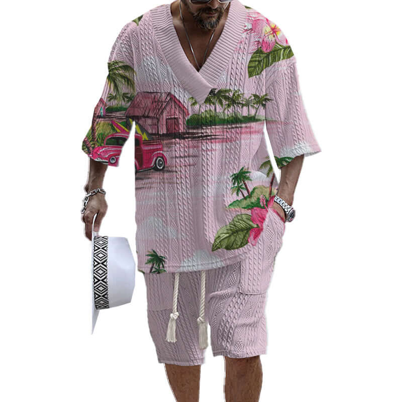 Men's Printed Short Sleeve Shorts Textured Set 41116575YY-DESTINY