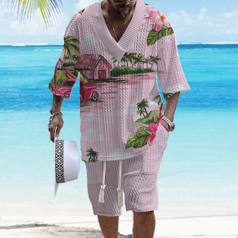 Men's Printed Short Sleeve Shorts Textured Set 41116575YY-DESTINY