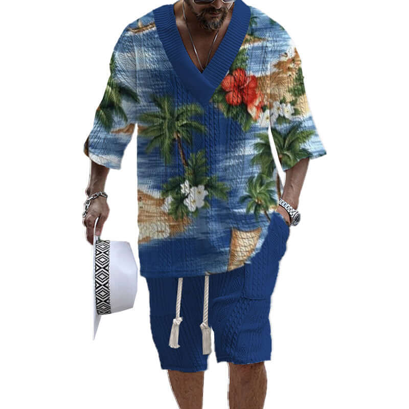 Men's Printed Short Sleeve Shorts Textured Set 41116575YY-DESTINY