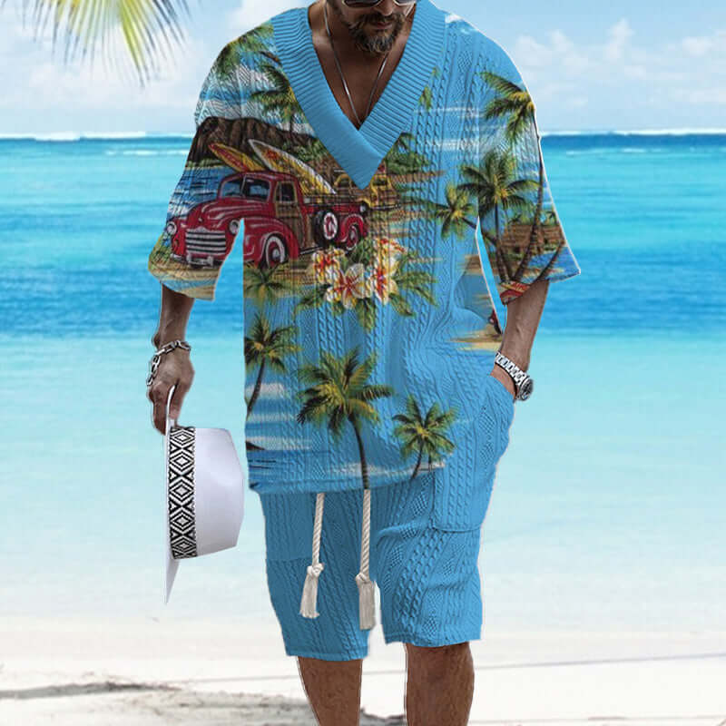 Men's Printed Short Sleeve Shorts Textured Set 41116575YY-DESTINY