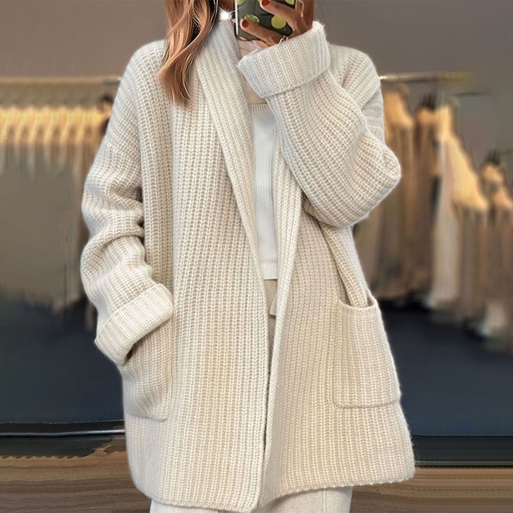 White single-coloured long-sleeved cardigan - High-quality craftsmanship for durability - Cozy and warm for winter-DESTINY