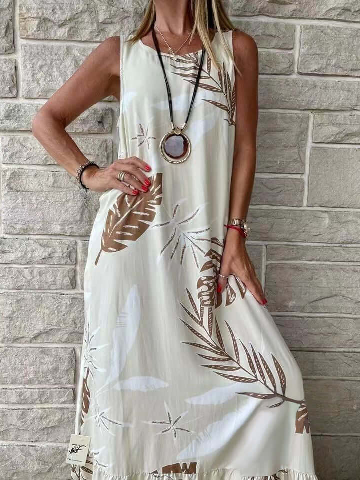 New Round Neck Sleeveless Leaf Print Splicing Personality Insert Pocket Loose Type Temperament Commuter Long Elegant Wind Dress-DESTINY