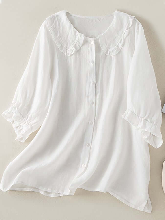 Cotton Linen Loose Peter Pan Ruffles Neck Shirt-DESTINY
