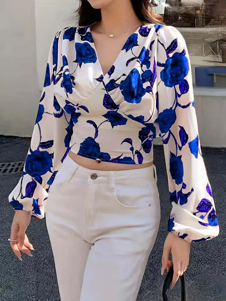 Cropped Blouse With V-Neck and Bow On The Back With Rose Print-DESTINY