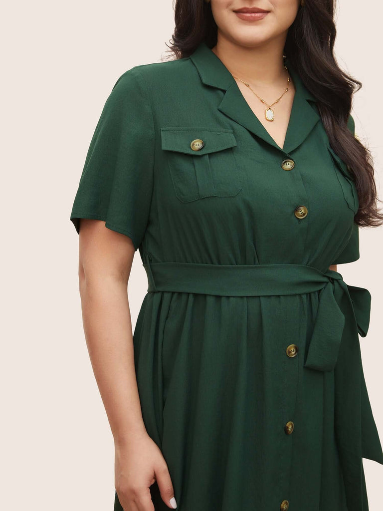 Plain Suit Collar Belted Flap Detail Dress-DESTINY