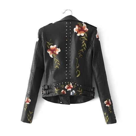 Womens Black Vegan Leather Floral Embroidered Jacket-DESTINY