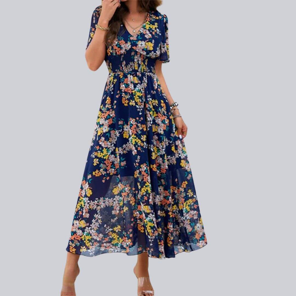 Isabella - Floral V-neck midi dress with short sleeves-DESTINY