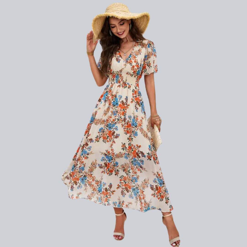 Isabella - Floral V-neck midi dress with short sleeves-DESTINY