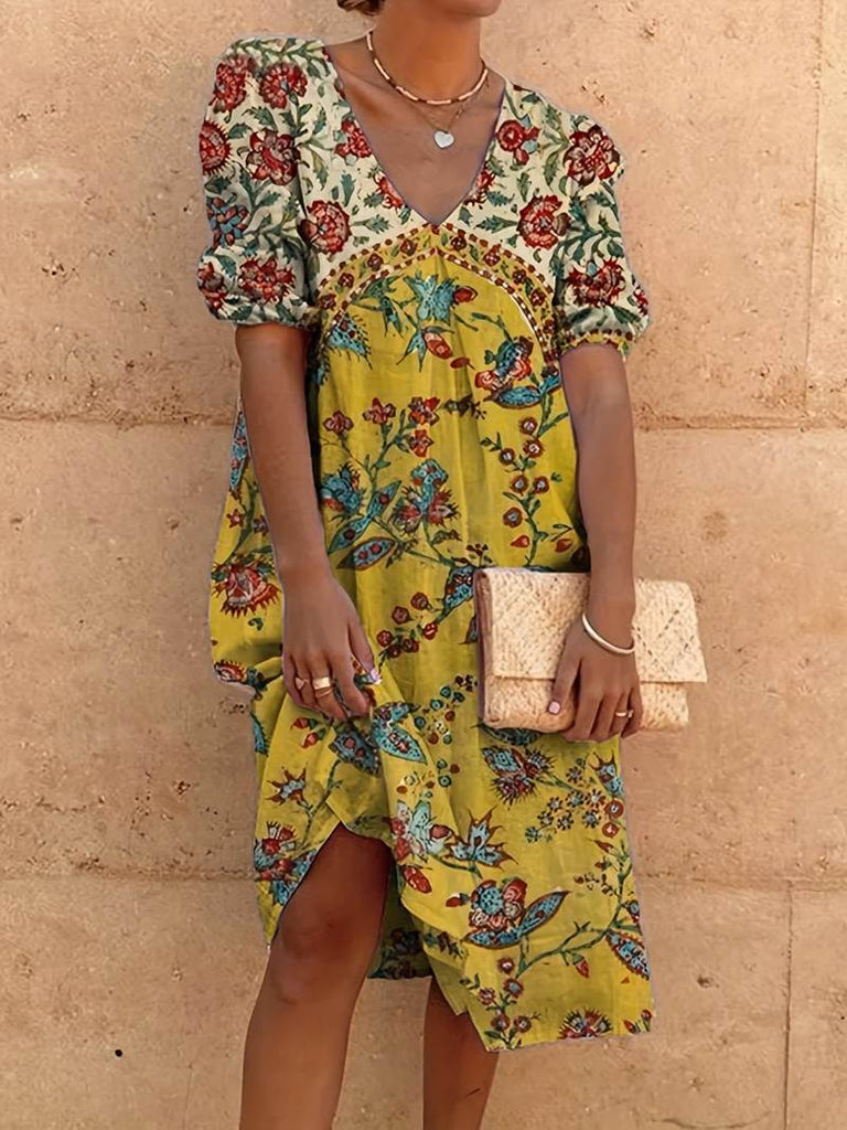 Abida - Puff sleeve multicoloured V-neck dress-DESTINY