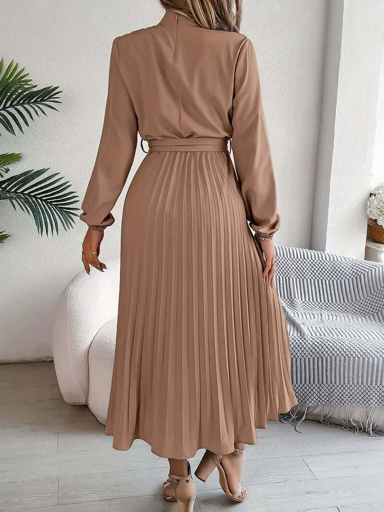 Layla – plain dress with stand-up collar and pleated belt-DESTINY