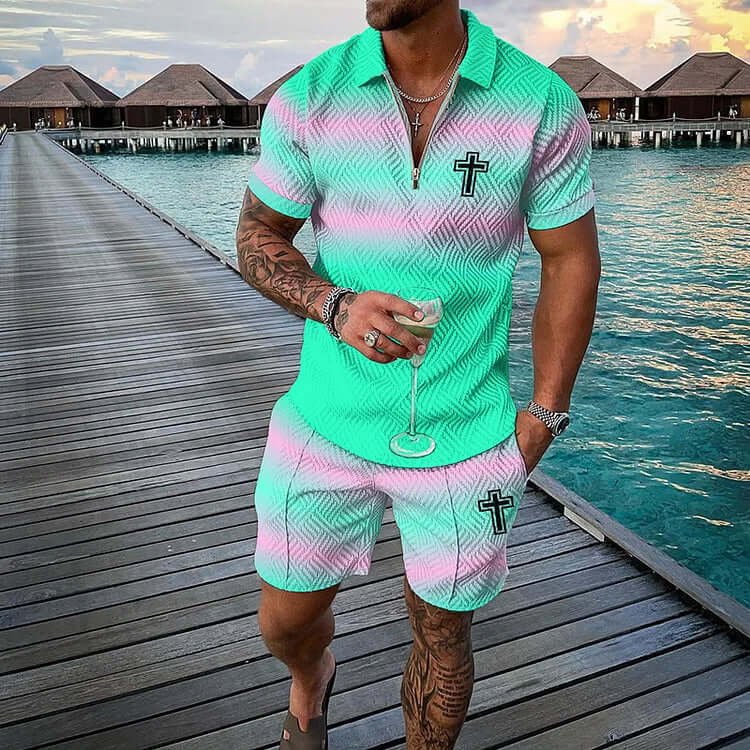 Easter Cross Contrast Color Short Sleeve Polo Shirt And Shorts Co-Ord-DESTINY