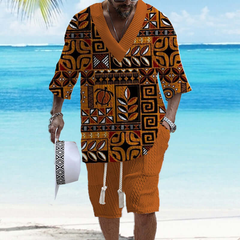 Men's Printed Short Sleeve Shorts Textured Set 77237267YY-DESTINY