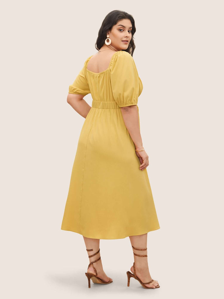 Plain Lantern Sleeve Drawstring Square Neck Dress-DESTINY