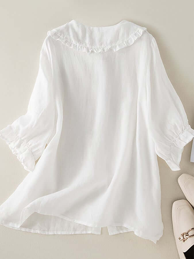 Cotton Linen Loose Peter Pan Ruffles Neck Shirt-DESTINY