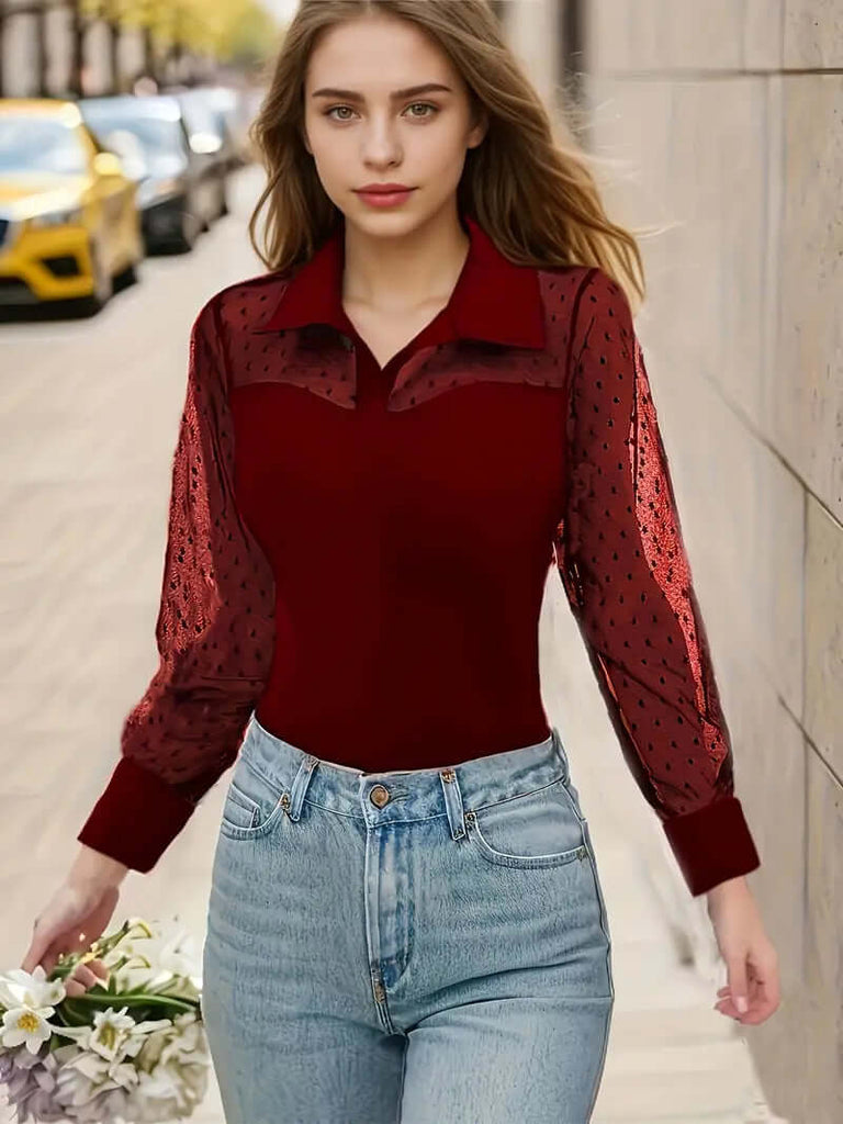 Plain, Transparent, Contrasting Chic Top With Collar and Long Sleeves-DESTINY