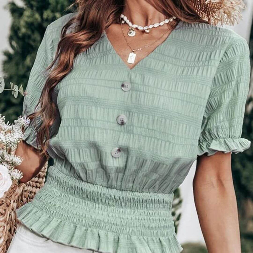 Madeleine - Pleated button-front blouse with peplum-DESTINY