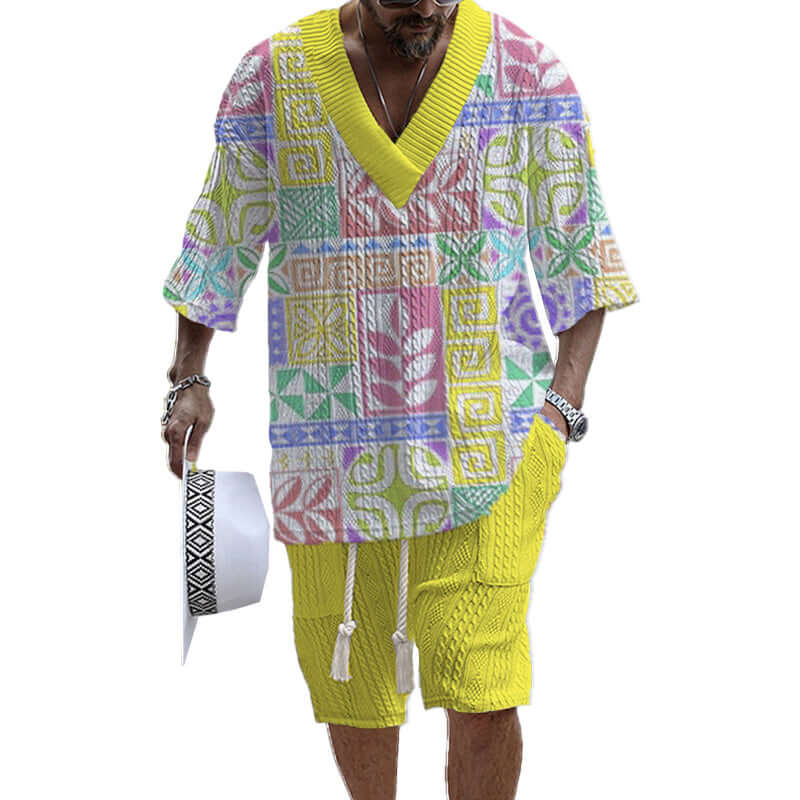 Men's Printed Short Sleeve Shorts Textured Set 77237267YY-DESTINY