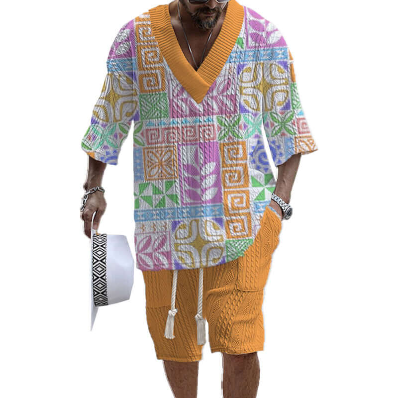 Men's Printed Short Sleeve Shorts Textured Set 77237267YY-DESTINY