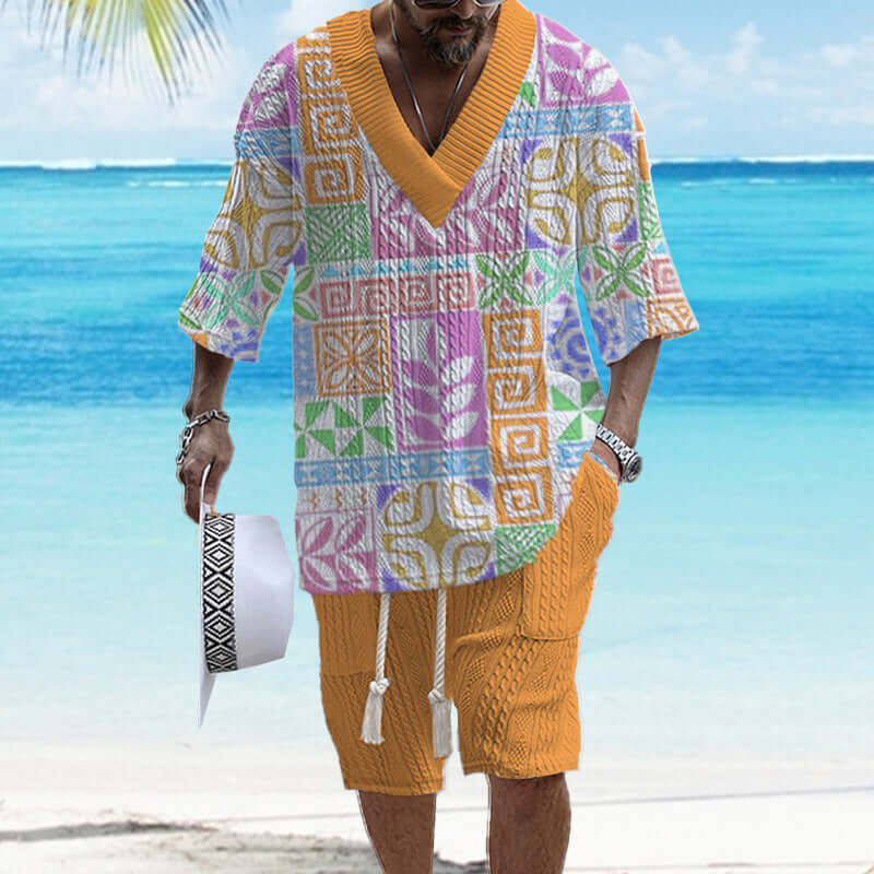 Men's Printed Short Sleeve Shorts Textured Set 77237267YY-DESTINY