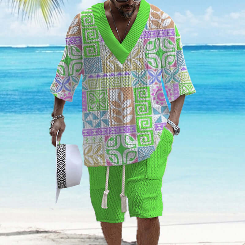 Men's Printed Short Sleeve Shorts Textured Set 77237267YY-DESTINY