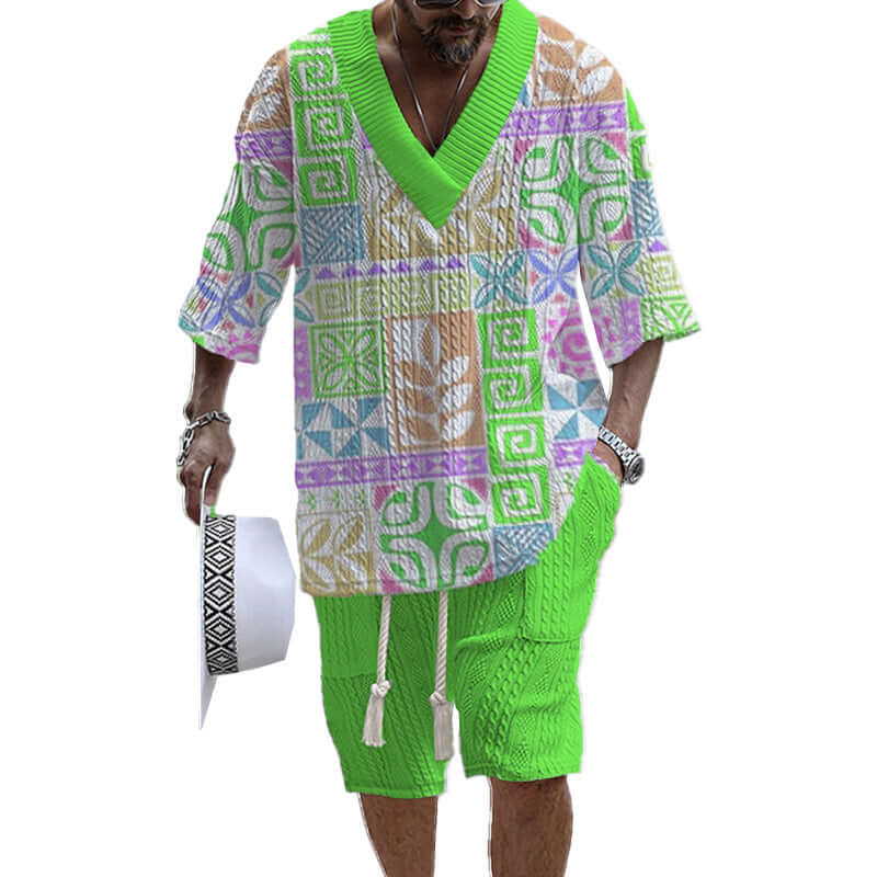 Men's Printed Short Sleeve Shorts Textured Set 77237267YY-DESTINY