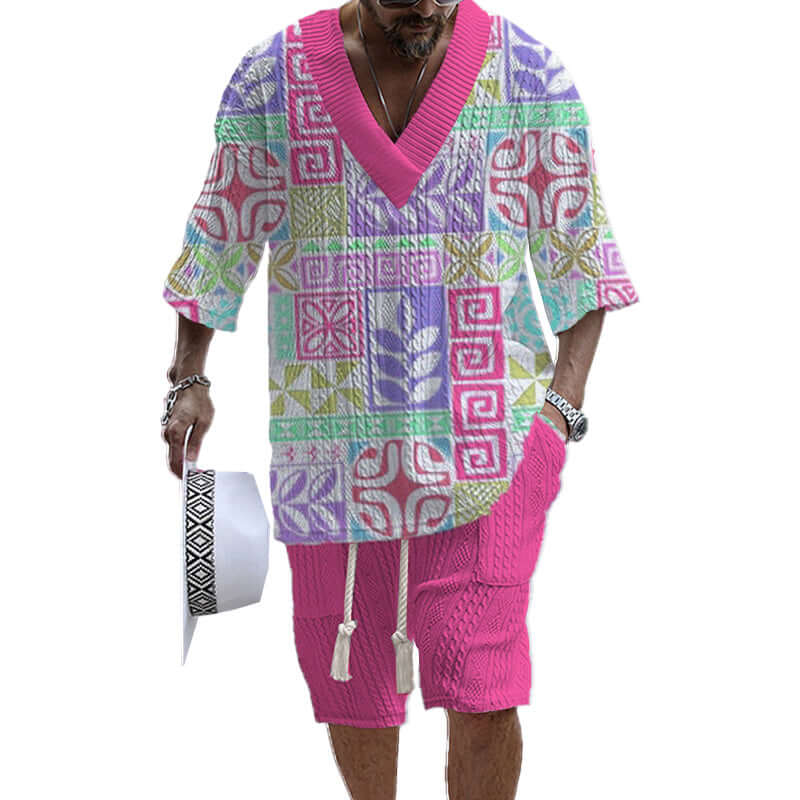 Men's Printed Short Sleeve Shorts Textured Set 77237267YY-DESTINY