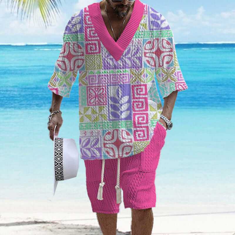 Men's Printed Short Sleeve Shorts Textured Set 77237267YY-DESTINY