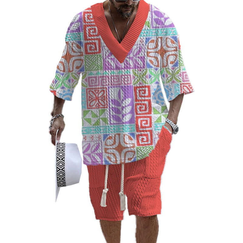 Men's Printed Short Sleeve Shorts Textured Set 77237267YY-DESTINY