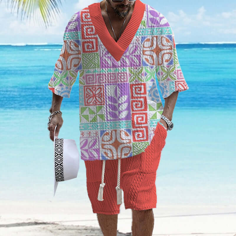 Men's Printed Short Sleeve Shorts Textured Set 77237267YY-DESTINY