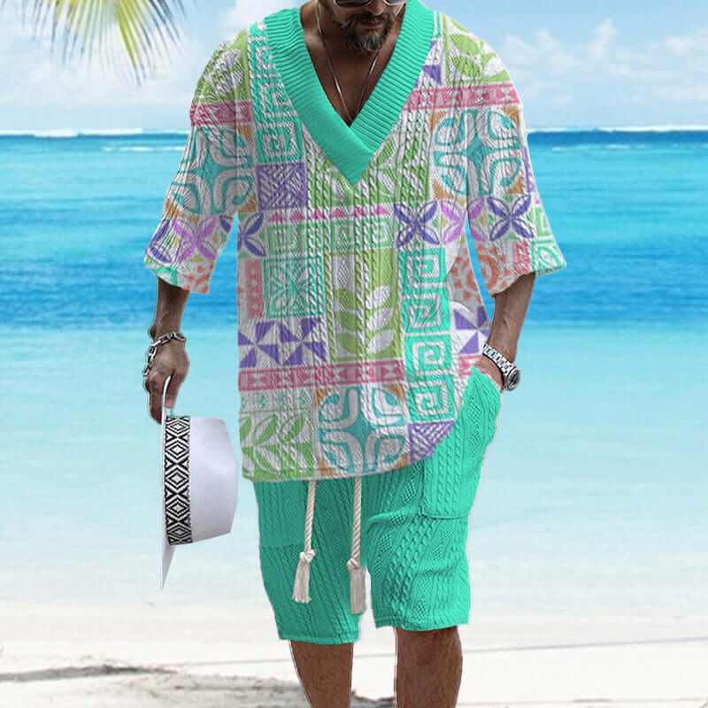 Men's Printed Short Sleeve Shorts Textured Set 77237267YY-DESTINY