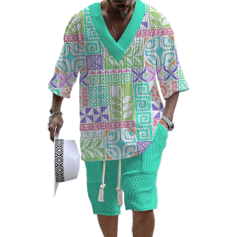 Men's Printed Short Sleeve Shorts Textured Set 77237267YY-DESTINY