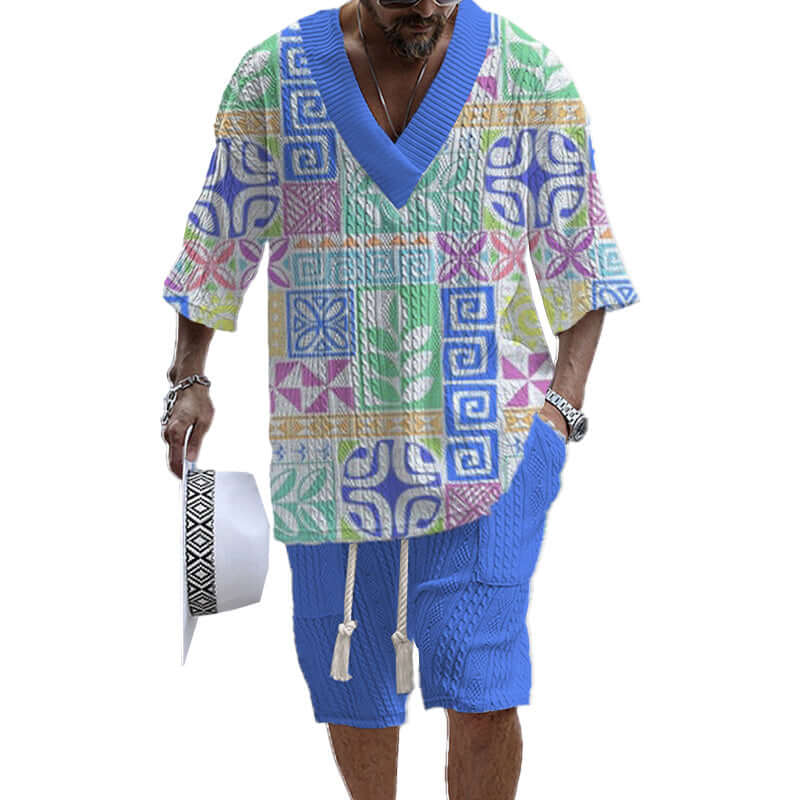 Men's Printed Short Sleeve Shorts Textured Set 77237267YY-DESTINY