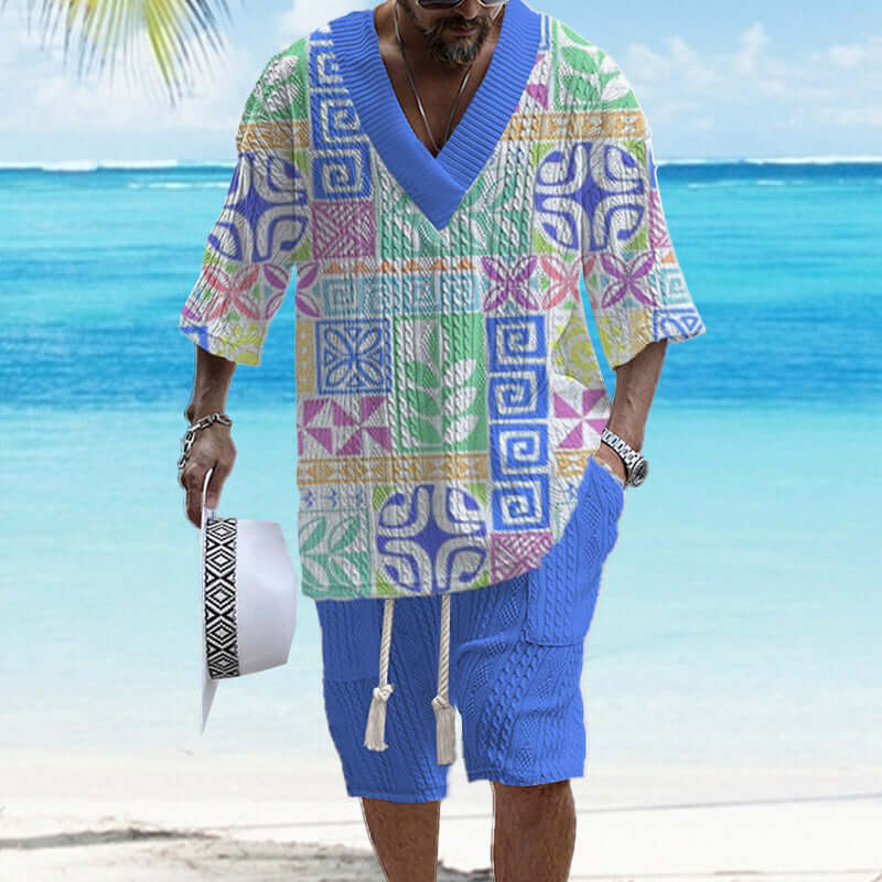 Men's Printed Short Sleeve Shorts Textured Set 77237267YY-DESTINY