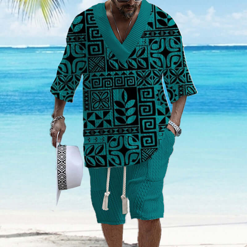 Men's Printed Short Sleeve Shorts Textured Set 77237267YY-DESTINY