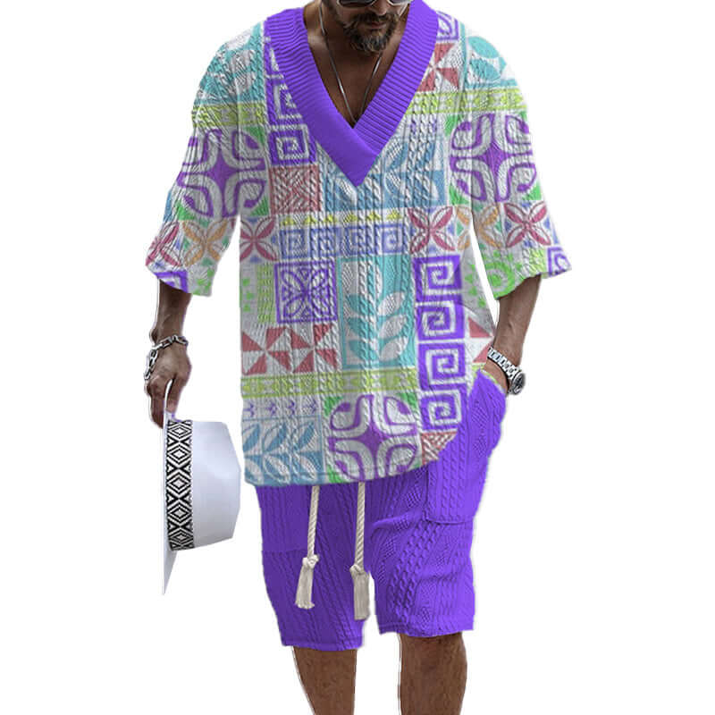 Men's Printed Short Sleeve Shorts Textured Set 77237267YY-DESTINY