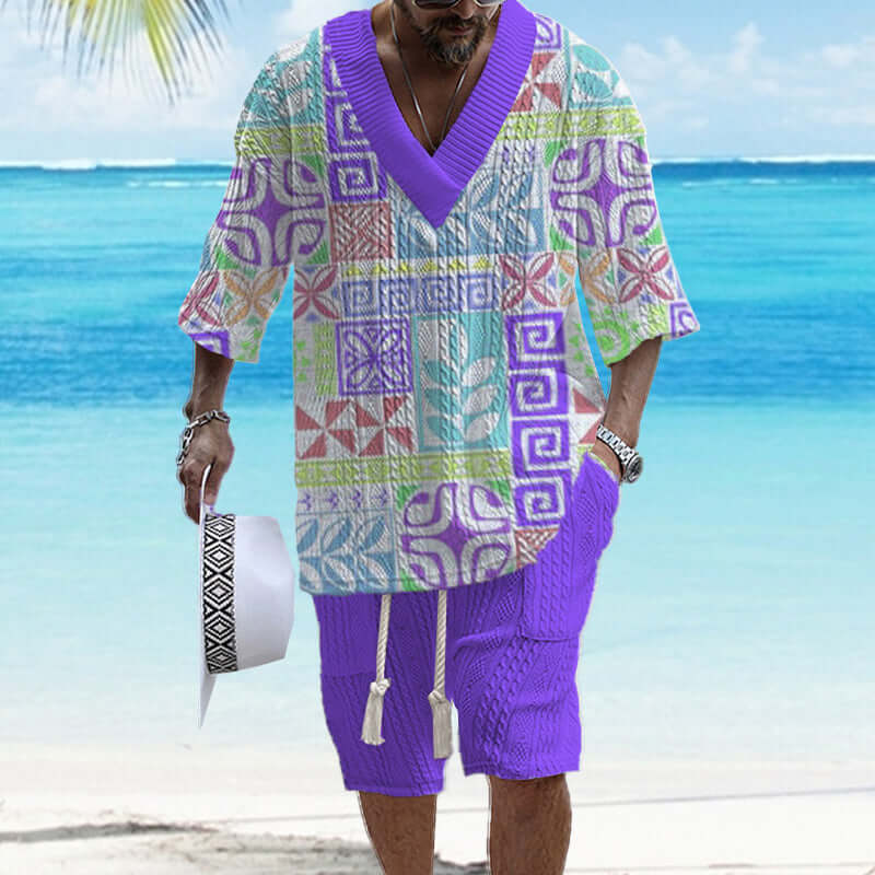 Men's Printed Short Sleeve Shorts Textured Set 77237267YY-DESTINY