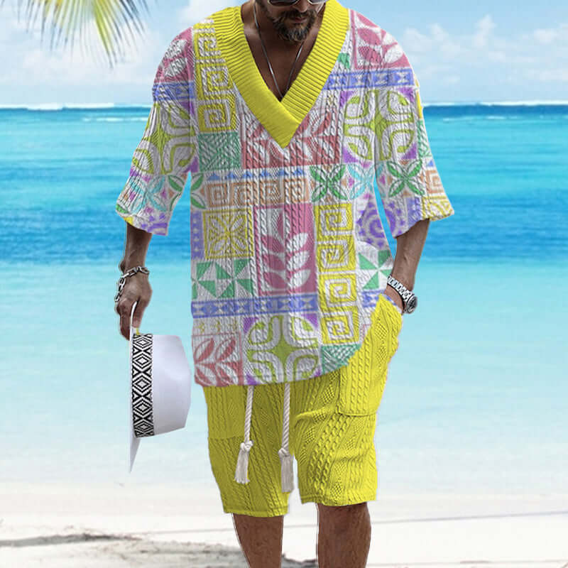 Men's Printed Short Sleeve Shorts Textured Set 77237267YY-DESTINY