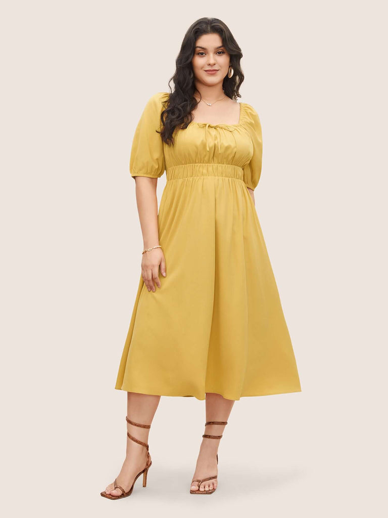 Plain Lantern Sleeve Drawstring Square Neck Dress-DESTINY