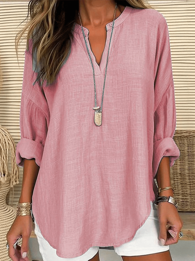 Women's Cotton Long Sleeve Round Neck Solid Color Loose Beach Shirt-DESTINY