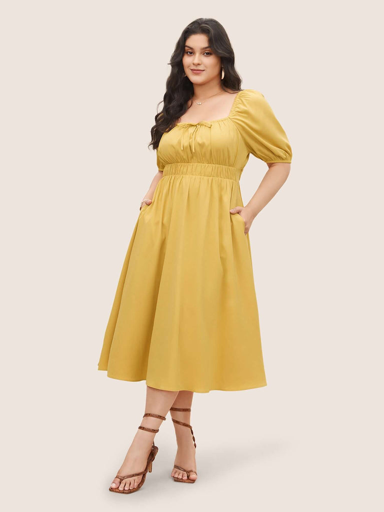 Plain Lantern Sleeve Drawstring Square Neck Dress-DESTINY