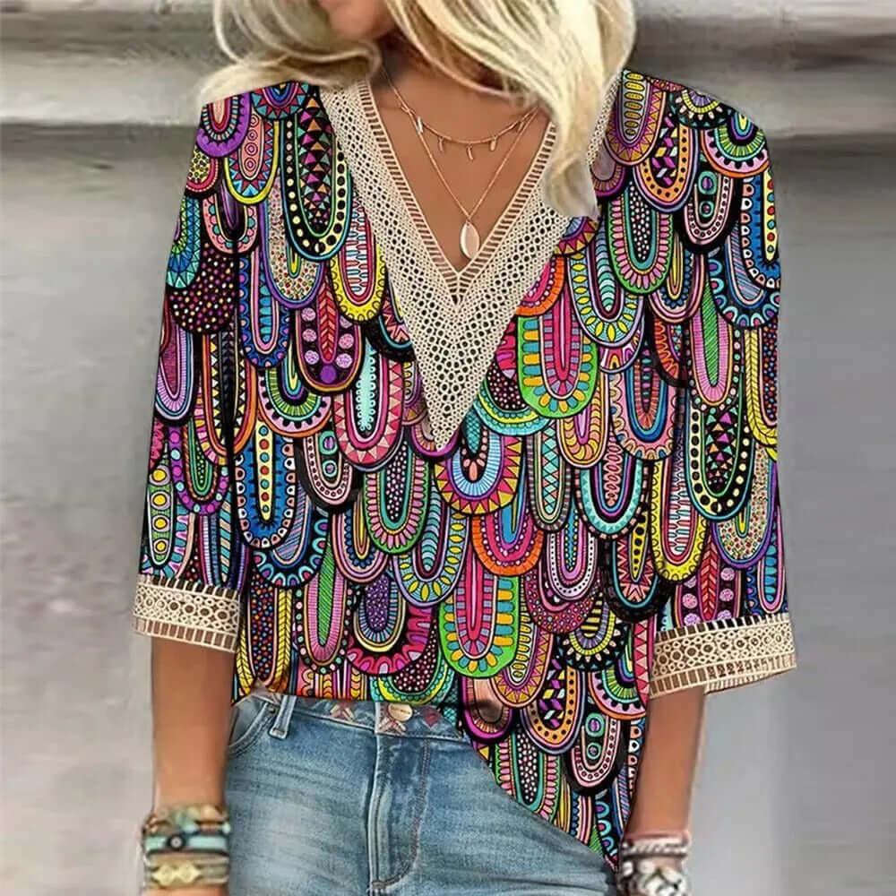 Stylish printed V-neck loose-fitting blouse for women-DESTINY