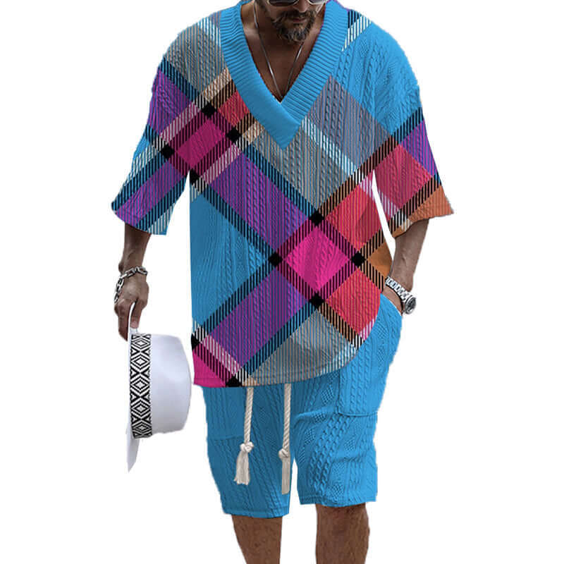 Men's Printed Short Sleeve Shorts Textured Set 02900264YY-DESTINY