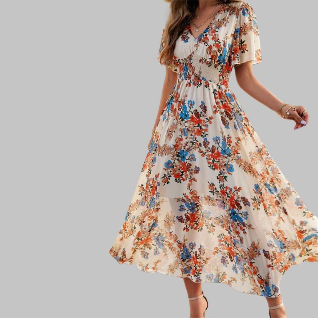 Isabella - Floral V-neck midi dress with short sleeves-DESTINY