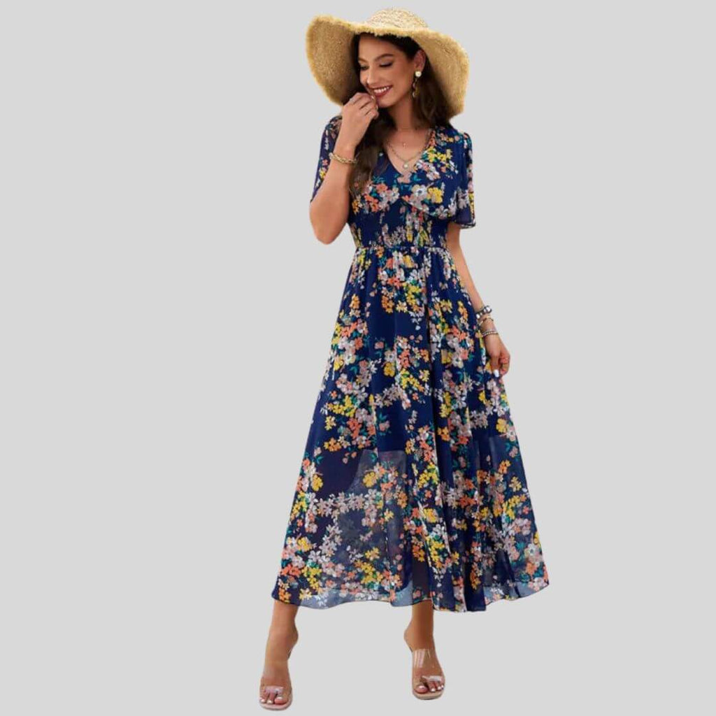 Isabella - Floral V-neck midi dress with short sleeves-DESTINY