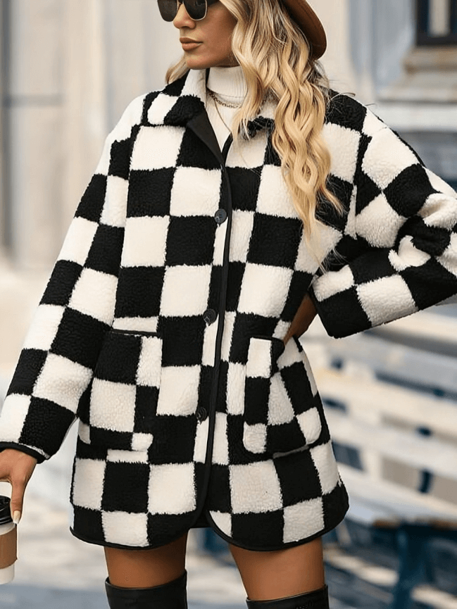 Warm chequered plush lambswool coat for women-DESTINY