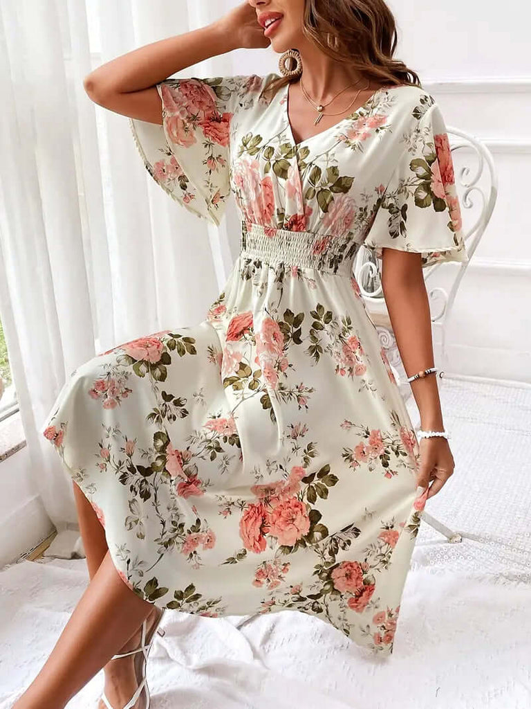 Abigail – dress with v-neck and floral print for summer-DESTINY