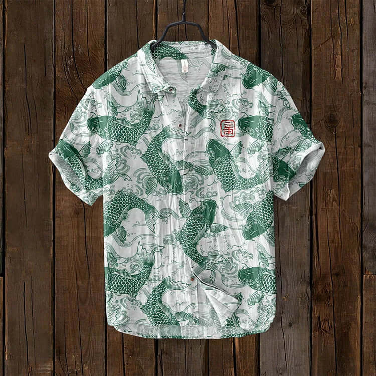 Osamu - vintage fish Japanese art linen blend shirt-DESTINY