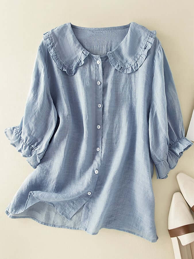 Cotton Linen Loose Peter Pan Ruffles Neck Shirt-DESTINY