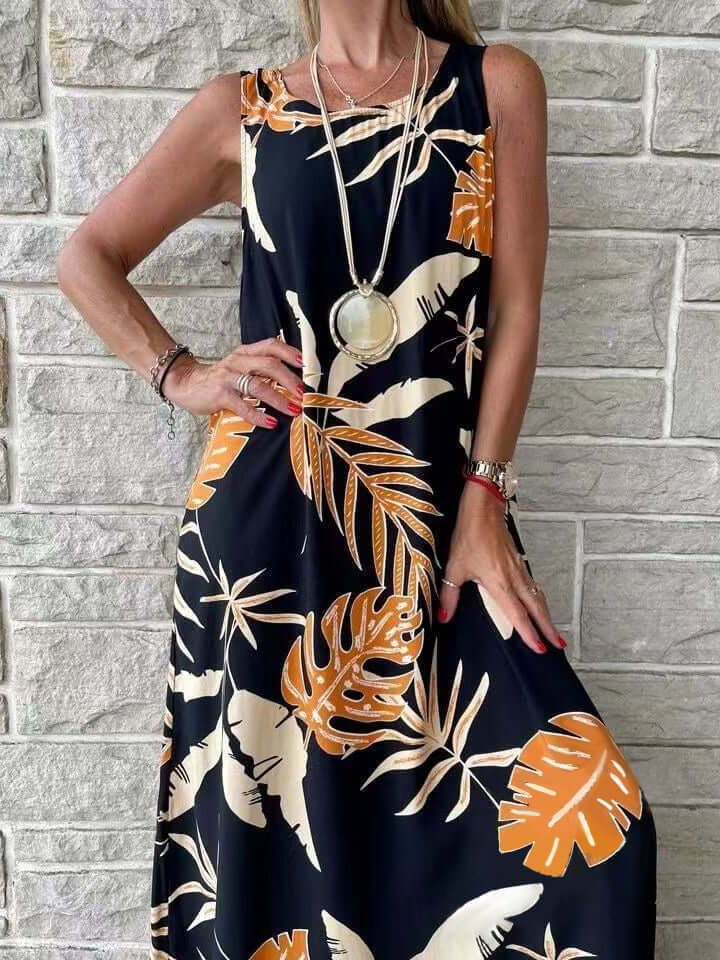 New Round Neck Sleeveless Leaf Print Splicing Personality Insert Pocket Loose Type Temperament Commuter Long Elegant Wind Dress-DESTINY